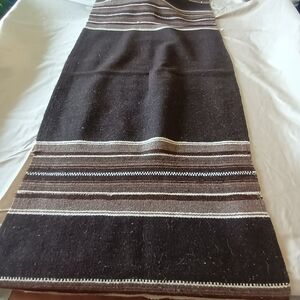 Handwoven Striped Wool Runner Dark Brown Cream Natural Fiber 26x57 Boho